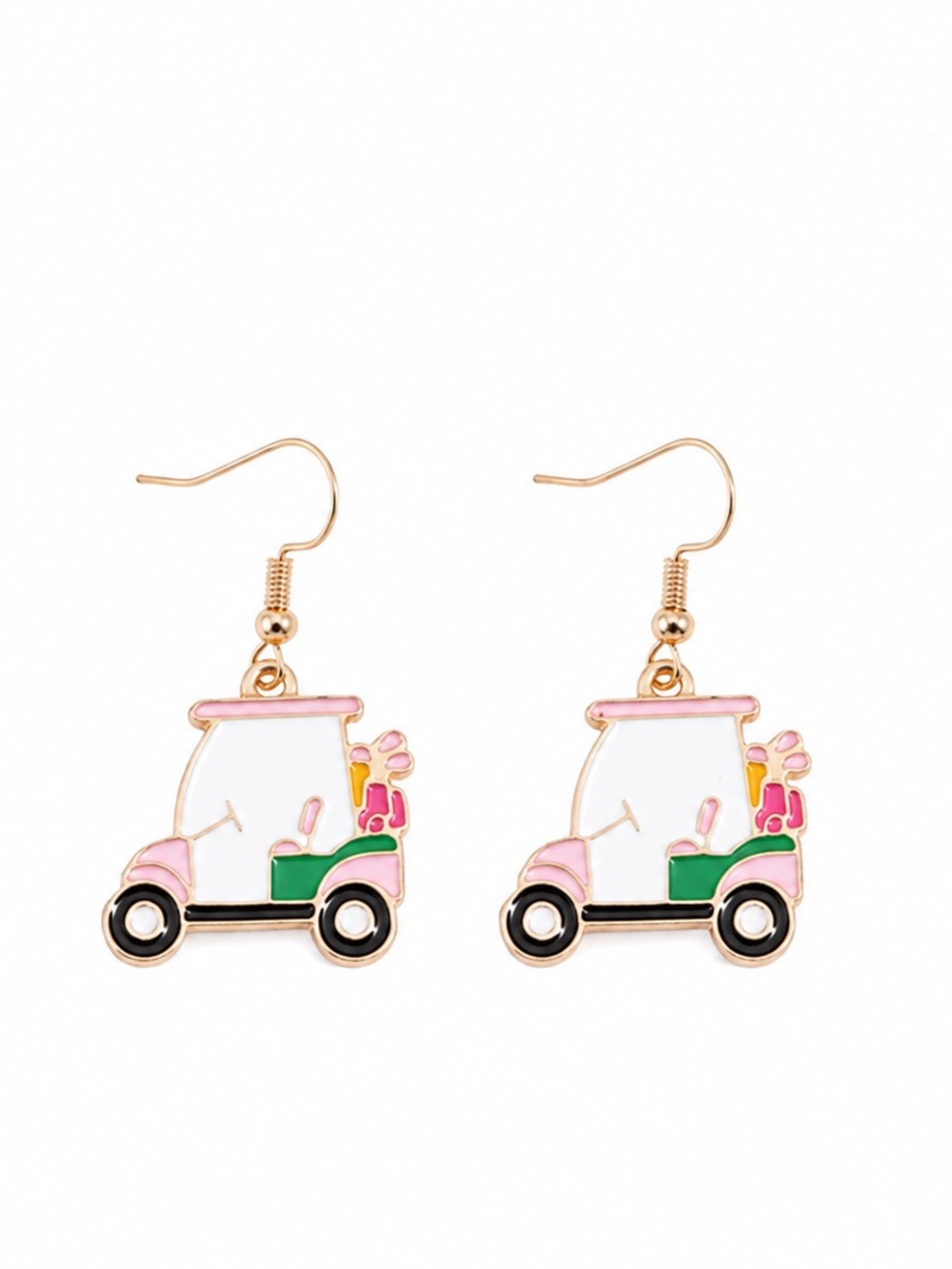 ⛳ Pink Golf Cart Dangle Earrings Gold Tone Fun Golf Lover Gift